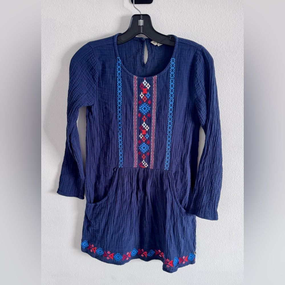 Lucky Brand Gauzy Embroidered Boho Tunic Top Pockets South Western Peasant Sz LG
